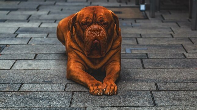 A calmly sitting Bordeaux Mastiff on a cobbled street with a serious expression on his face, Duesseldorf, North Rhine-Westphalia, Germany, Europe