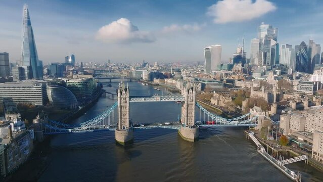 Aerial view of the Tower Bridge in London. One of London's most famous bridges and must-see landmarks in London. Beautiful panorama of London Tower Bridge.