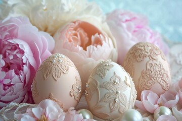 Refined Easter composition with eggs adorned in delicate lace and pearl details, set on a bed of pastel peonies, with a text area.