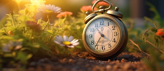 Vintage alarm clock on meadow with flowers. Time concept