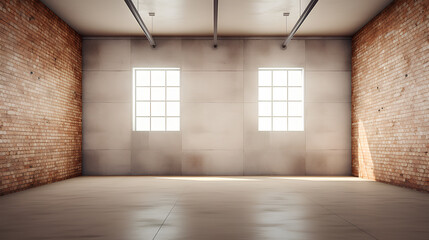 Fototapeta premium Large spacious empty room with brown brick walls.