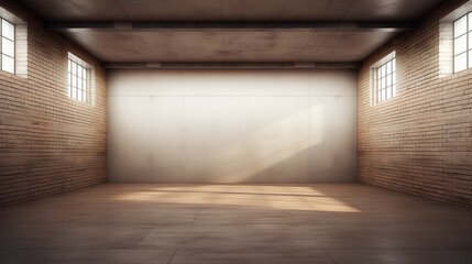 Large spacious empty room with brown brick walls.