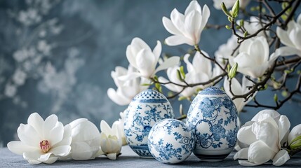 Refined Easter scene with porcelain eggs painted in classic blue and white chinoiserie patterns, surrounded by white magnolias, with a text area. - obrazy, fototapety, plakaty