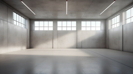 Large spacious empty room with gray concrete walls.