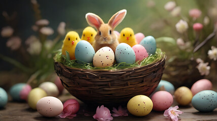 Obraz na płótnie Canvas Easter basket with eggs and bunny