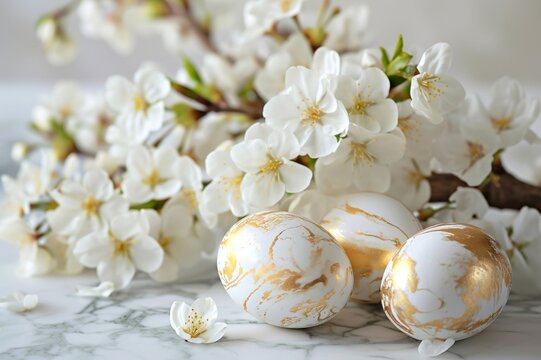 Refined Easter display with white and gold marbled eggs, set against a backdrop of delicate white cherry blossoms, with space for elegant text.