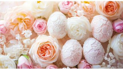 Sophisticated Easter composition with eggs wrapped in delicate lace patterns, surrounded by a garland of pastel spring roses, with a text area.