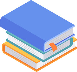 Stack of three books in isometric view, blue on top, white and orange below. Education and reading concept. Pile of hardcover books vector illustration.