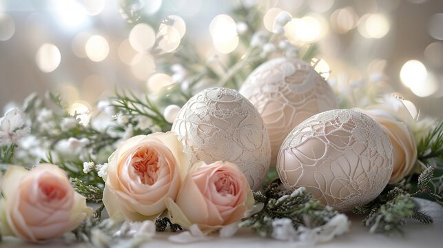 Sophisticated Easter composition with eggs wrapped in delicate lace patterns, surrounded by a garland of pastel spring roses, with a text area.