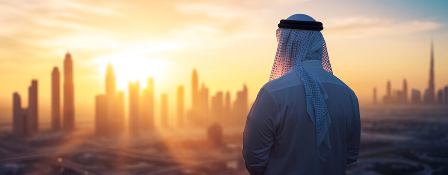 Arab man standing in front of modern high-rise city.