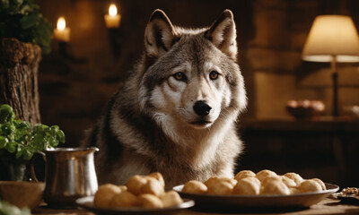 Wolf vor gedeckten Tisch