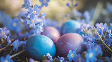 Fototapeta na wymiar Sophisticated Easter setting with eggs in shades of blue and purple among forget-me-nots, with a text area. Elegant and cool-toned.
