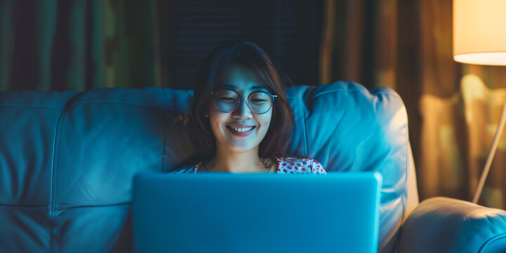 a woman looking at her computer in the evening