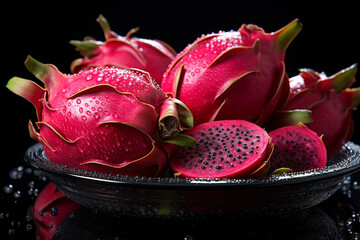 Dragon fruit fresh whole and cut. Generative AI.