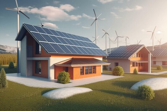 Clean energy for homes with solar panels, wind turbines, and efficient battery storage. Generative AI