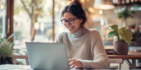 a smiling young woman working on her laptop - obrazy, fototapety, plakaty