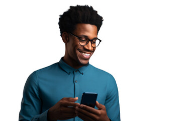 Portrait of a smiling man using mobile phone, isolated on white background - obrazy, fototapety, plakaty