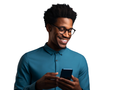 Portrait of a smiling man using mobile phone, isolated on white background