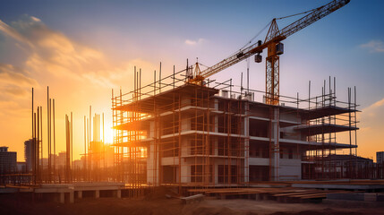 Fototapeta na wymiar construction site and sunset , structural steel beam build large residential buildings