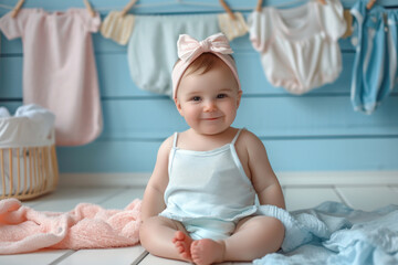 Fototapeta premium Cute Baby and cloths in laundry room.