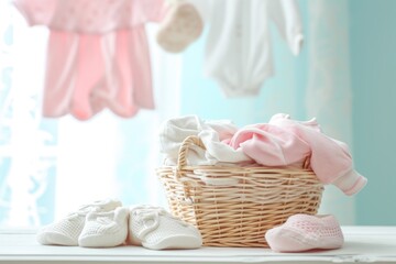 Fototapeta na wymiar Cute Baby and cloths in laundry room.