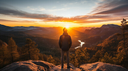Man standing on the edge of cliff and looking at the sunrise. - obrazy, fototapety, plakaty