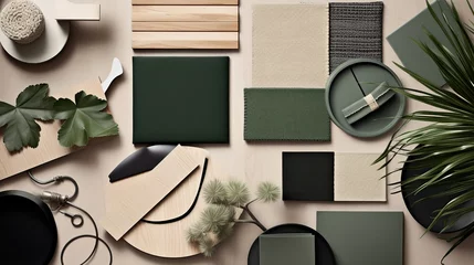 Fotobehang Flat lay of various stationery on green background, top view © Daisha