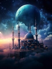 Beautiful Mosque flying through the clouds in the night sky. The moon creates light. The Milky Way begins to appear. copy space - generative ai - obrazy, fototapety, plakaty
