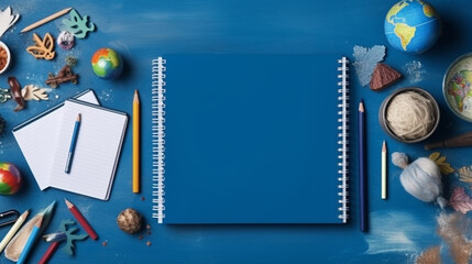 School supplies on a blue background. Back to school.