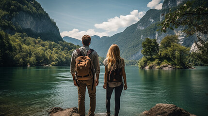 Young couple with backpacks standing on a cliff and looking at the mountain lake