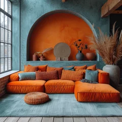 Fototapeten Dutch Modern Living Room Setup: Orange and Blue Themes © Sekai