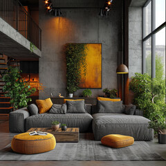 New York Loft Style: Grey and Neon Living Room - obrazy, fototapety, plakaty