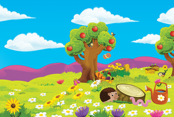 cartoon scene with farm ranch garden and animals on beautiful day illustration for children