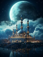Beautiful Mosque flying through the clouds in the night sky. The moon creates light. The Milky Way begins to appear. copy space - generative ai - obrazy, fototapety, plakaty