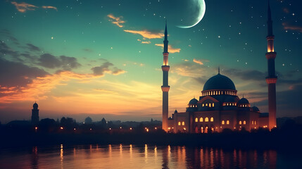 Crescent Moon Over Illuminated Mosque - obrazy, fototapety, plakaty