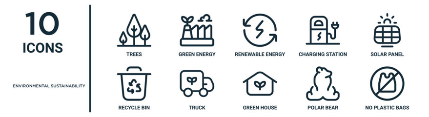 environmental sustainability linear icon set. includes thin line green energy, renewable energy, solar panel, truck, polar bear, no plastic bags, recycle bin icons for report, presentation, diagram, - obrazy, fototapety, plakaty