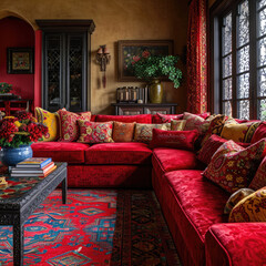 Moroccan Vibrant Living Room Decor in Red and Gold