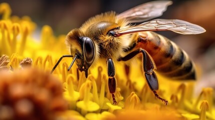 Bee on a flower collects nectar and pollen. Macro photography