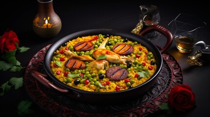 A creative composition featuring a Chicken Paella arranged in a geometric pattern, adding a modern touch to the traditional dish