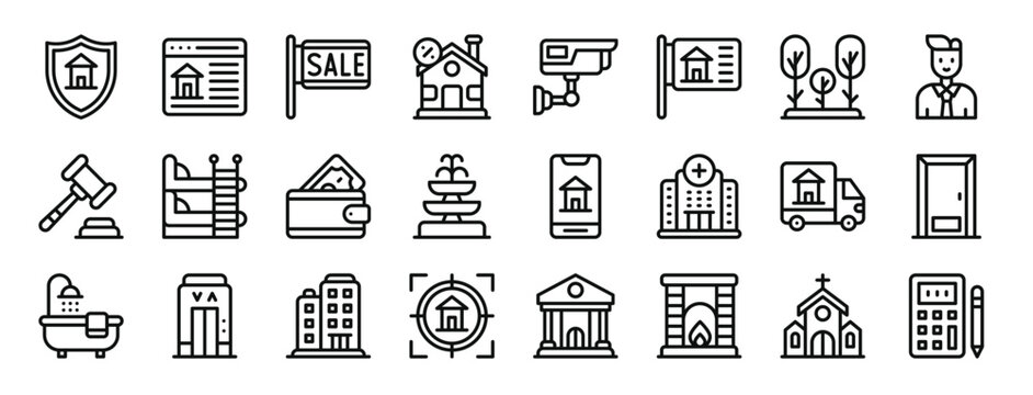 Set Of 24 Outline Web Real Estate Icons Such As Protection, Website, , Discount, Cctv, Garden Vector Icons For Report, Presentation, Diagram, Web Design, Mobile