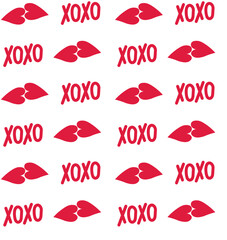 Cute seamless pattern for Valentine's Day or wedding design. Handwritten XOXO phrase and kiss isolated on a transparent background. Vector illustration - obrazy, fototapety, plakaty