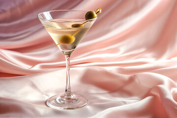 Crystal glass of martini with green olives on a pink silk fabric. Romantic alcohol cocktail with dry gin. Valentine's day greeting card. Creative minimal concept for holiday, celebration, party