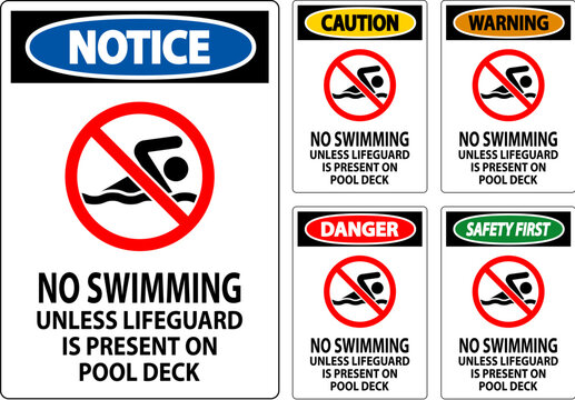 Danger Pool Sign No Swimming Unless Lifeguard Is Present On Pool Deck