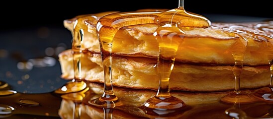 Stack of tasty pancakes with honey on table in kitchen, closeup
