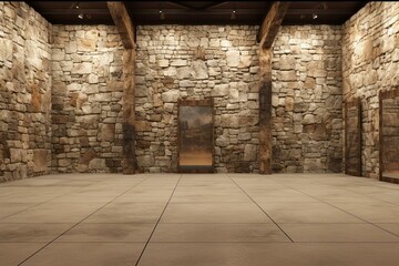 3D rendered historical stone wall with exhibition space. Ideal for promotions across various platforms. Generative AI - obrazy, fototapety, plakaty