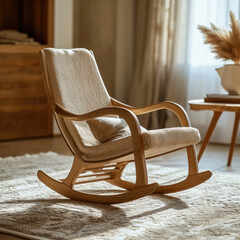 Wooden Rocking Chair Presented on Cozy Beige Carpet