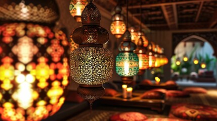 Fototapeta na wymiar Elegant Ramadan Décor - Transforming Spaces with Intricate Lantern Patterns and Warm Ambiance