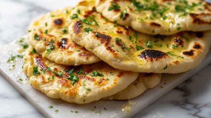 Close up of indian naan bread with herbs and garlic seasoning on plate