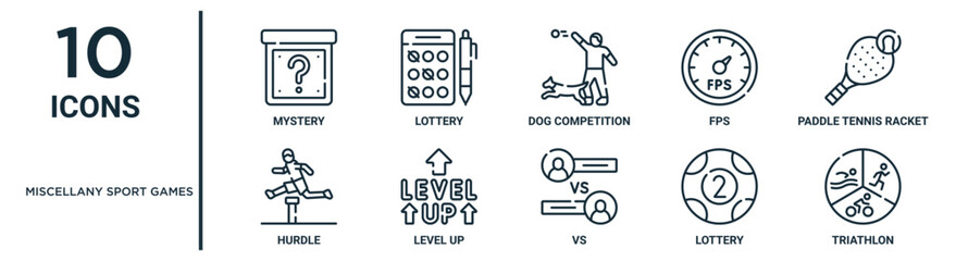 miscellany sport games linear icon set. includes thin line lottery, dog competition, paddle tennis racket, level up, lottery, triathlon, hurdle icons for report, presentation, diagram, web design