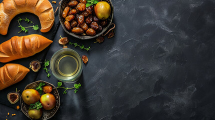 Muslim Ramadan Kareem with dates fruits arranged in shape of crescent moon, water. AI Generative - obrazy, fototapety, plakaty